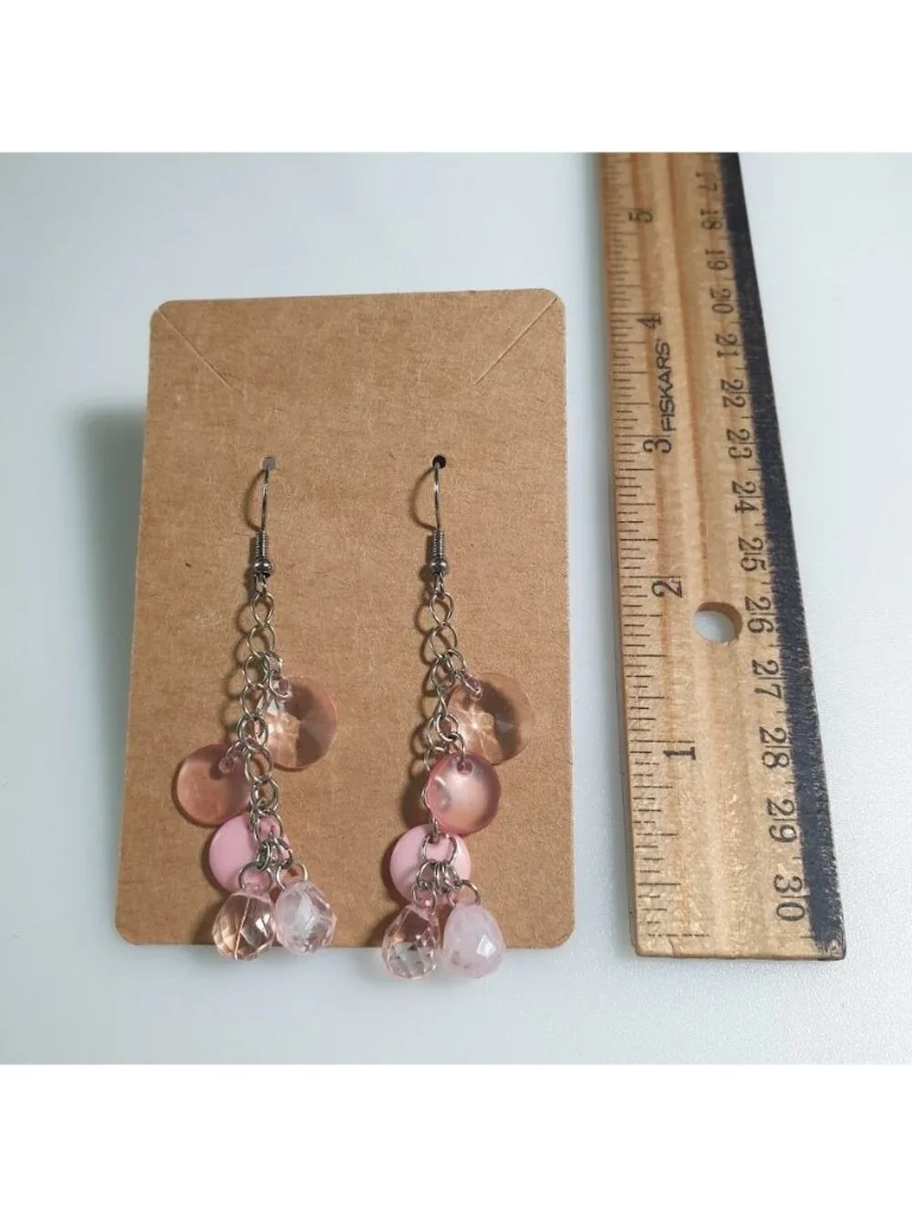 Pink Dangle Earrings Silver Chain Circle Beads Lightweight Handmade Jewelry Hook
